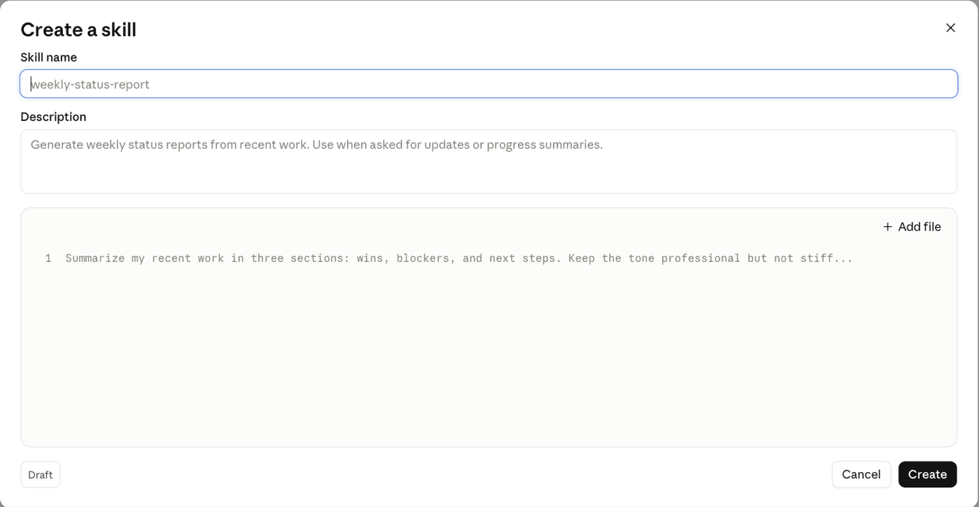 ฟอร์ม Create a skill มี 3 ช่อง Skill name, Description และช่องเนื้อคำสั่ง พร้อมปุ่ม Draft Cancel Create