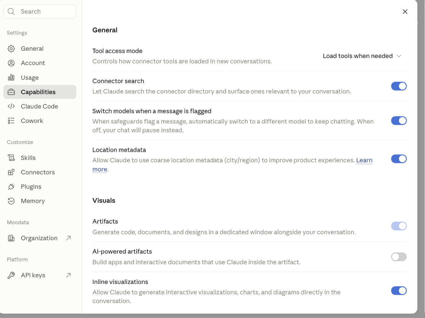 หน้า Settings ของ claude.ai แสดงเมนูซ้าย 2 กลุ่ม กลุ่มบน Settings มี General Account Usage Capabilities Claude Code Cowork และกลุ่มล่าง Customize มี Skills Connectors Plugins Memory